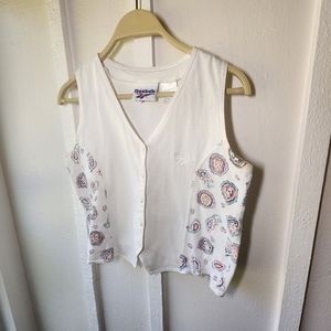Vintage Reebok Cropped White Paisley Button Front Tank Top Size Small